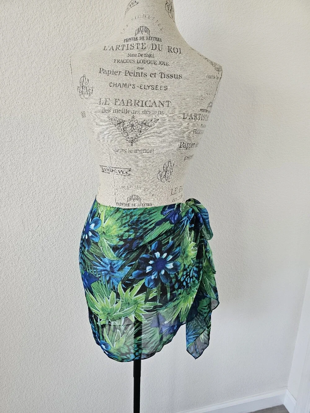Sheer Tropical Botanical Oblong Scarf Royal Blue Green Palm Leaves Sarong 72x18